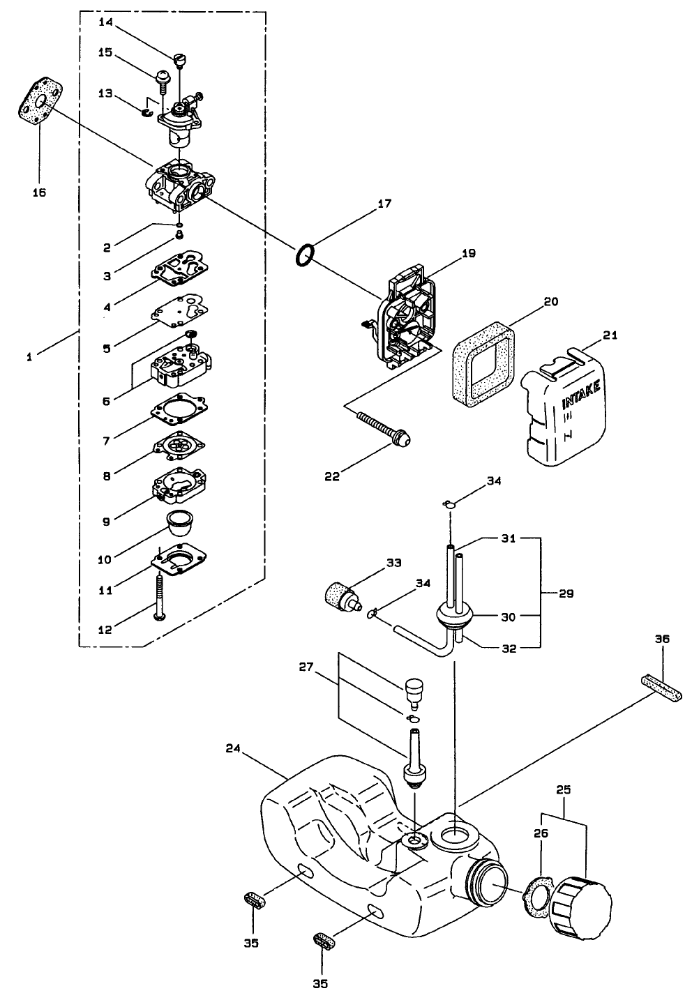 Carburetor Assembly Diagram and Parts List for 53008 (0990001 - 0999999)(1999) Lawn Boy Trimmer